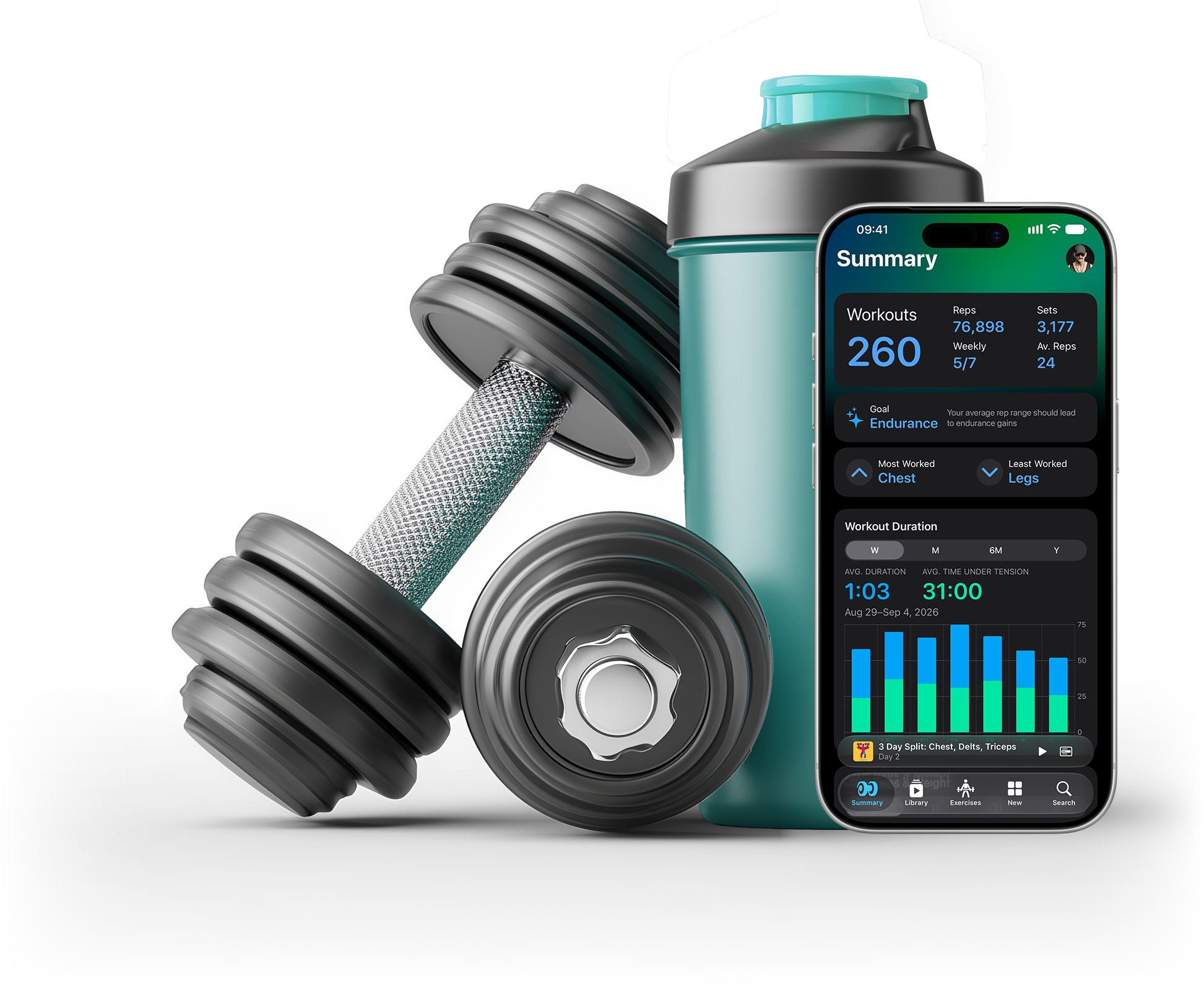iPhone running Reps & Sets, with a protein shaker and a pair of dumbbells.