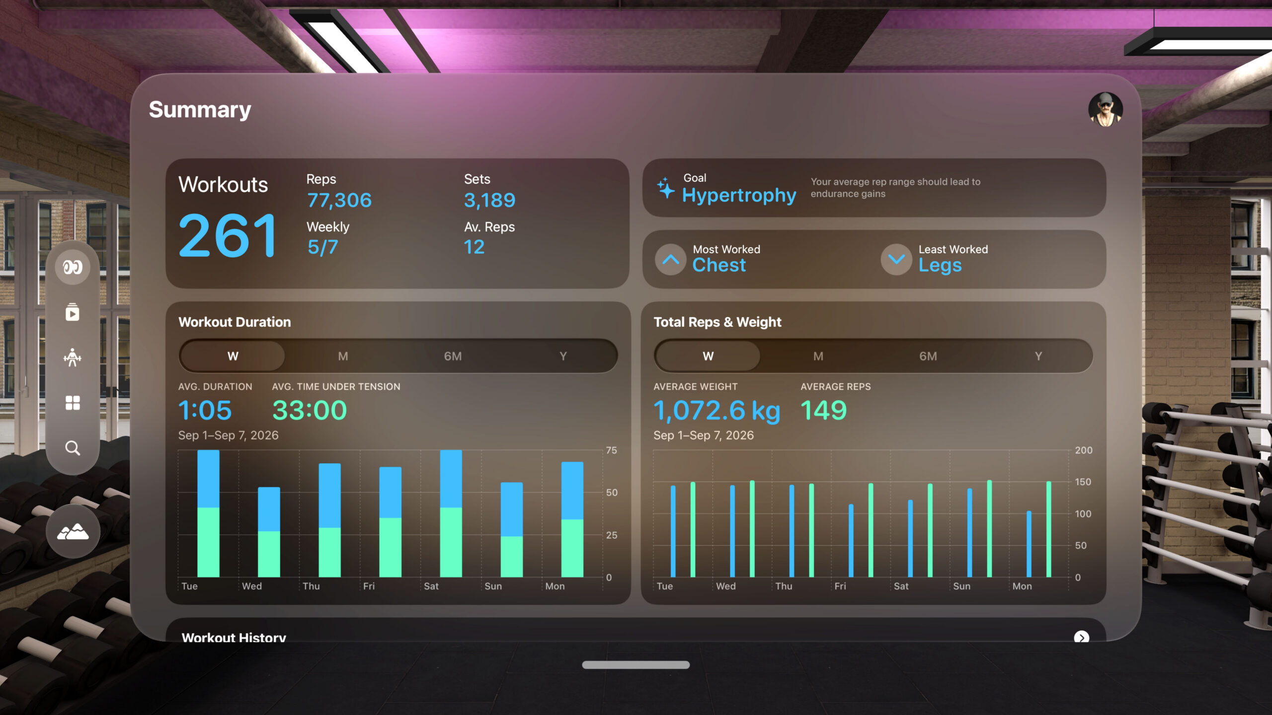 Reps & Sets home screen on Apple Vision Pro